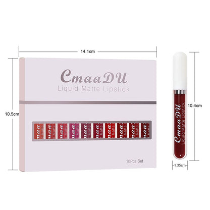 10-Piece Matte Waterproof Lip Gloss Set – Bold Color, All-Day Stay