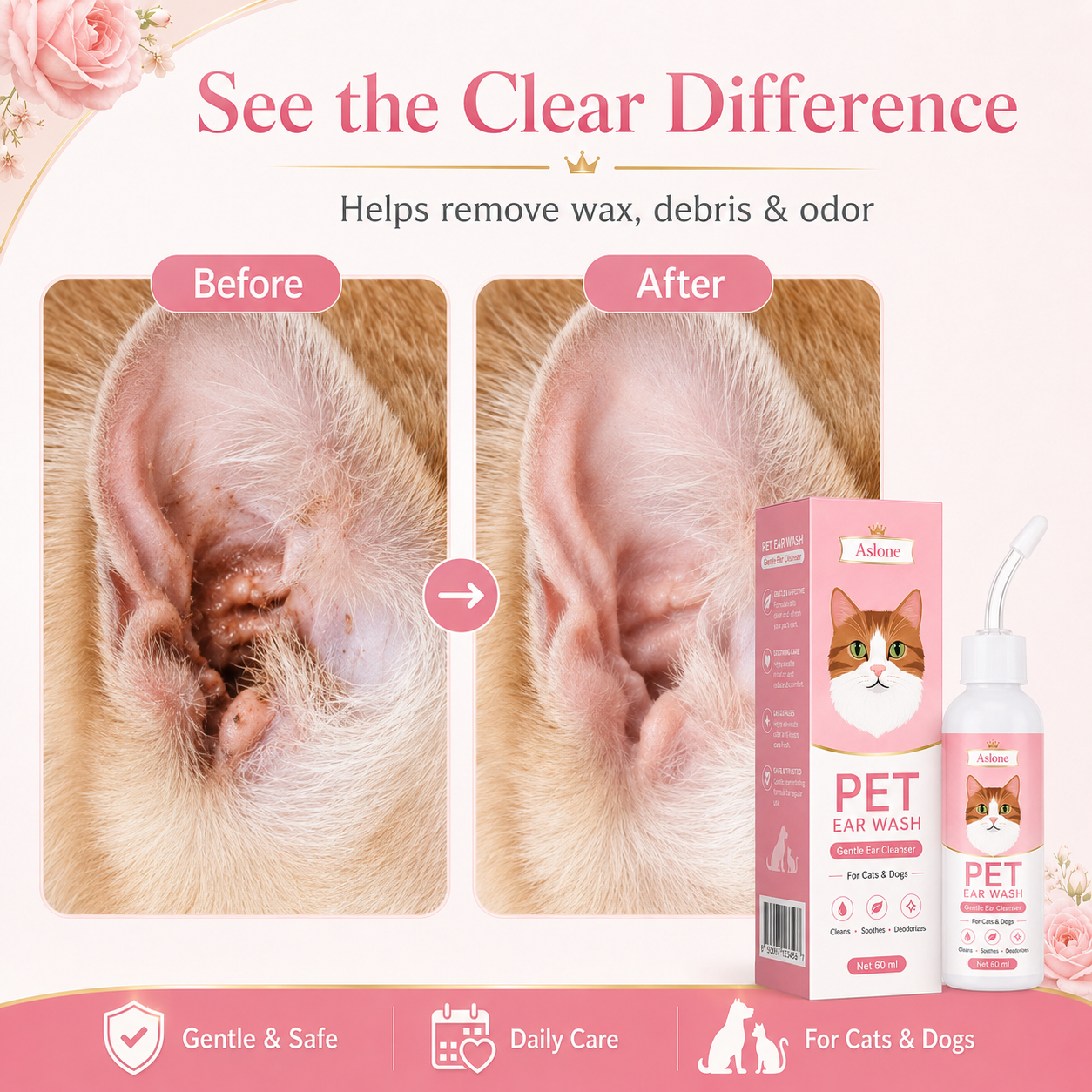 Gentle Pet Ear Wash | Odor-Free Cleaning for Dogs & Cats🌿