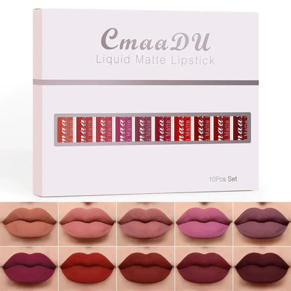 10-Piece Matte Waterproof Lip Gloss Set – Bold Color, All-Day Stay