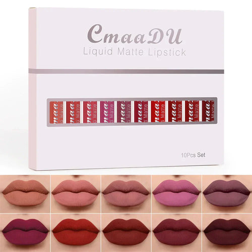 10-Piece Matte Waterproof Lip Gloss Set – Bold Color, All-Day Stay