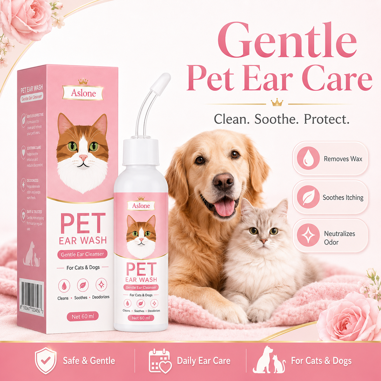 Gentle Pet Ear Wash | Odor-Free Cleaning for Dogs & Cats🌿